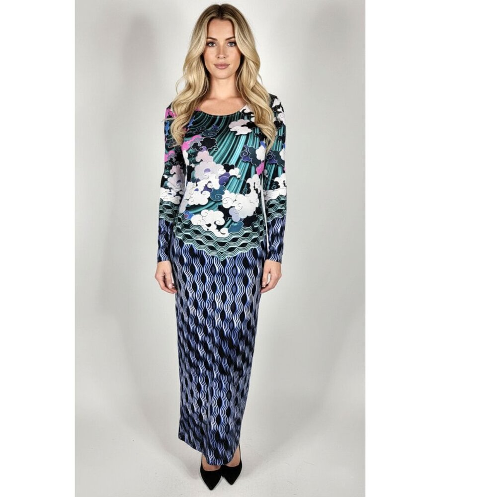 Mary Katrantzou Cloud Print Long Sleeve Jersey Bodycon Midi Dress Size XS